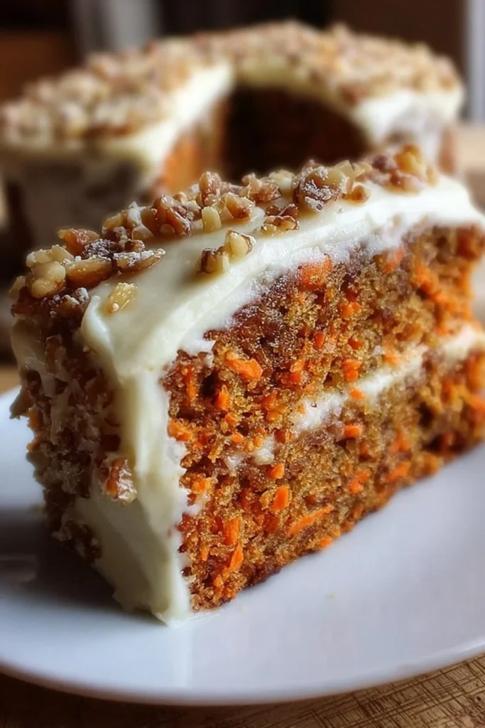 Moist homemade carrot cake with cream cheese frosting on a rustic table