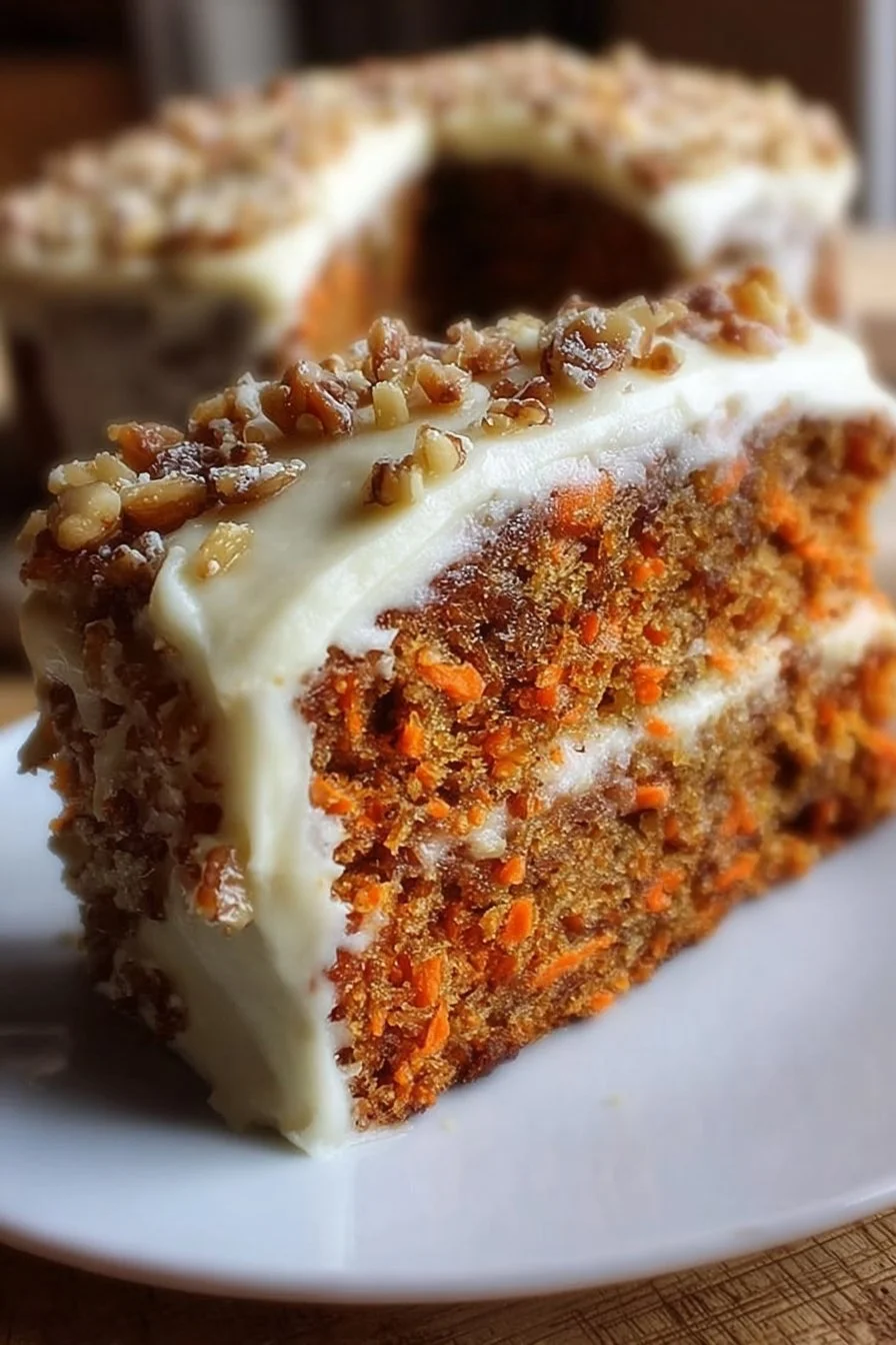 Moist homemade carrot cake with cream cheese frosting on a rustic table