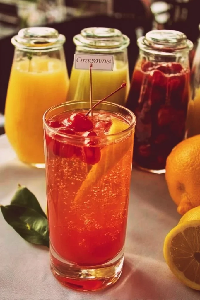 A vibrant Momosa Bar setup with colorful drinks and fresh fruits for a brunch party.