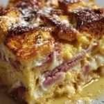 Delicious Monte Cristo Breakfast Casserole served on a rustic table.