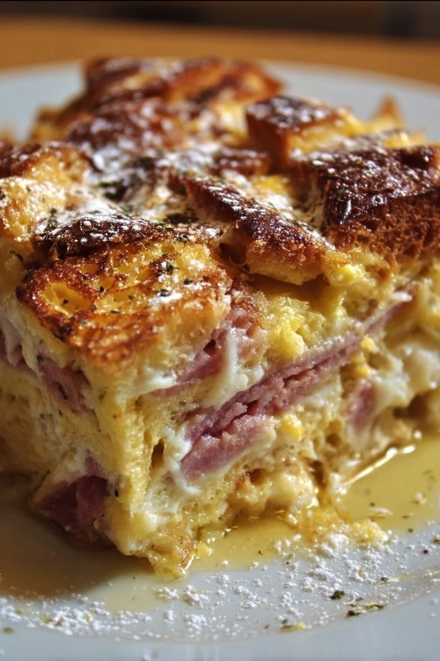 Delicious Monte Cristo Breakfast Casserole served on a rustic table.