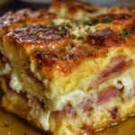 Monte Cristo Breakfast Casserole with layers of ham, cheese, and eggs