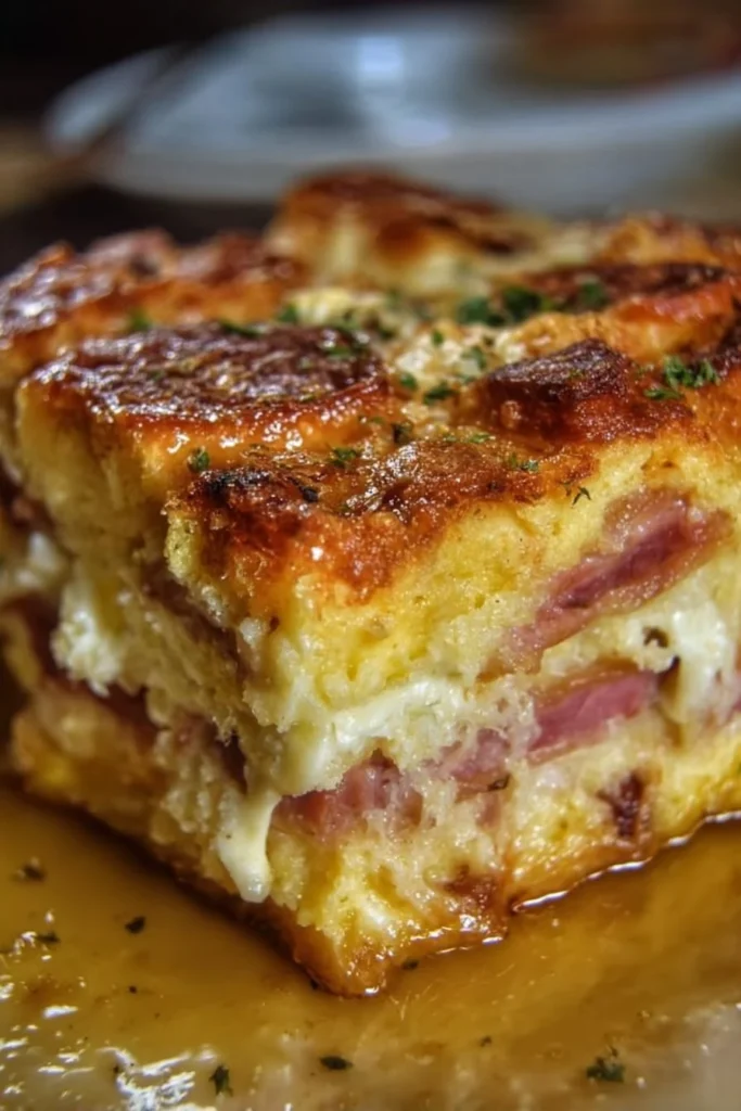 Monte Cristo Breakfast Casserole with layers of ham, cheese, and eggs