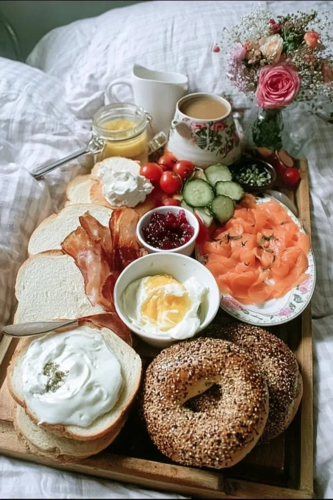 Delicious Mother's Day breakfast served in bed with flowers and a card
