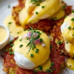 Mouthwatering latke eggs benedict with poached eggs and hollandaise sauce