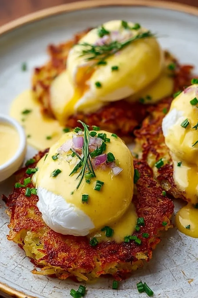 Mouthwatering latke eggs benedict with poached eggs and hollandaise sauce