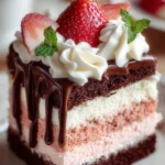 Delicious Neapolitan Cake with layers of chocolate, strawberry, and vanilla frosting.
