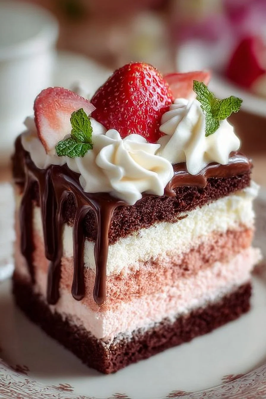 Delicious Neapolitan Cake with layers of chocolate, strawberry, and vanilla frosting.