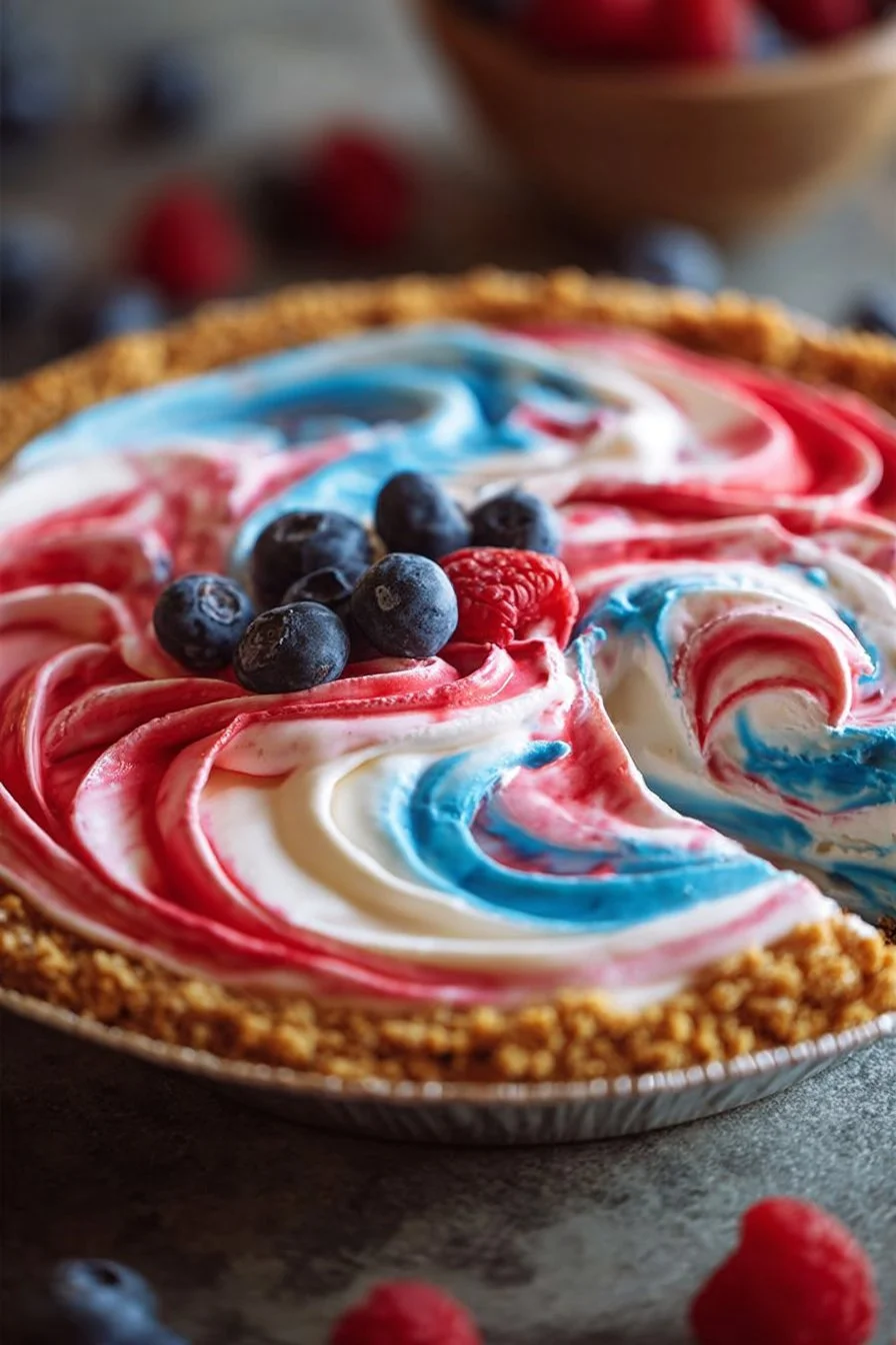 No-bake 4th of July swirl pie with colorful layers and whipped cream topping