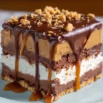 No-bake peanut butter chocolate layered dessert with graham cracker crust