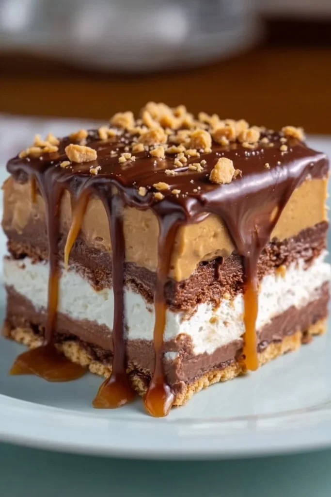 No-bake peanut butter chocolate layered dessert with graham cracker crust