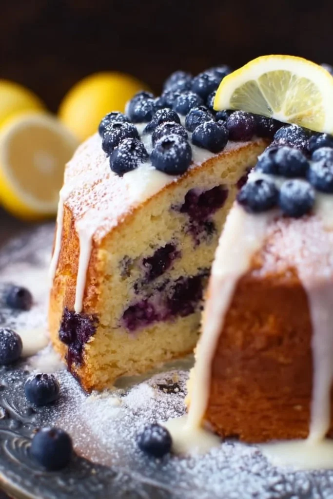 Zesty lemon blueberry cake decorated with fresh berries and lemon zest.