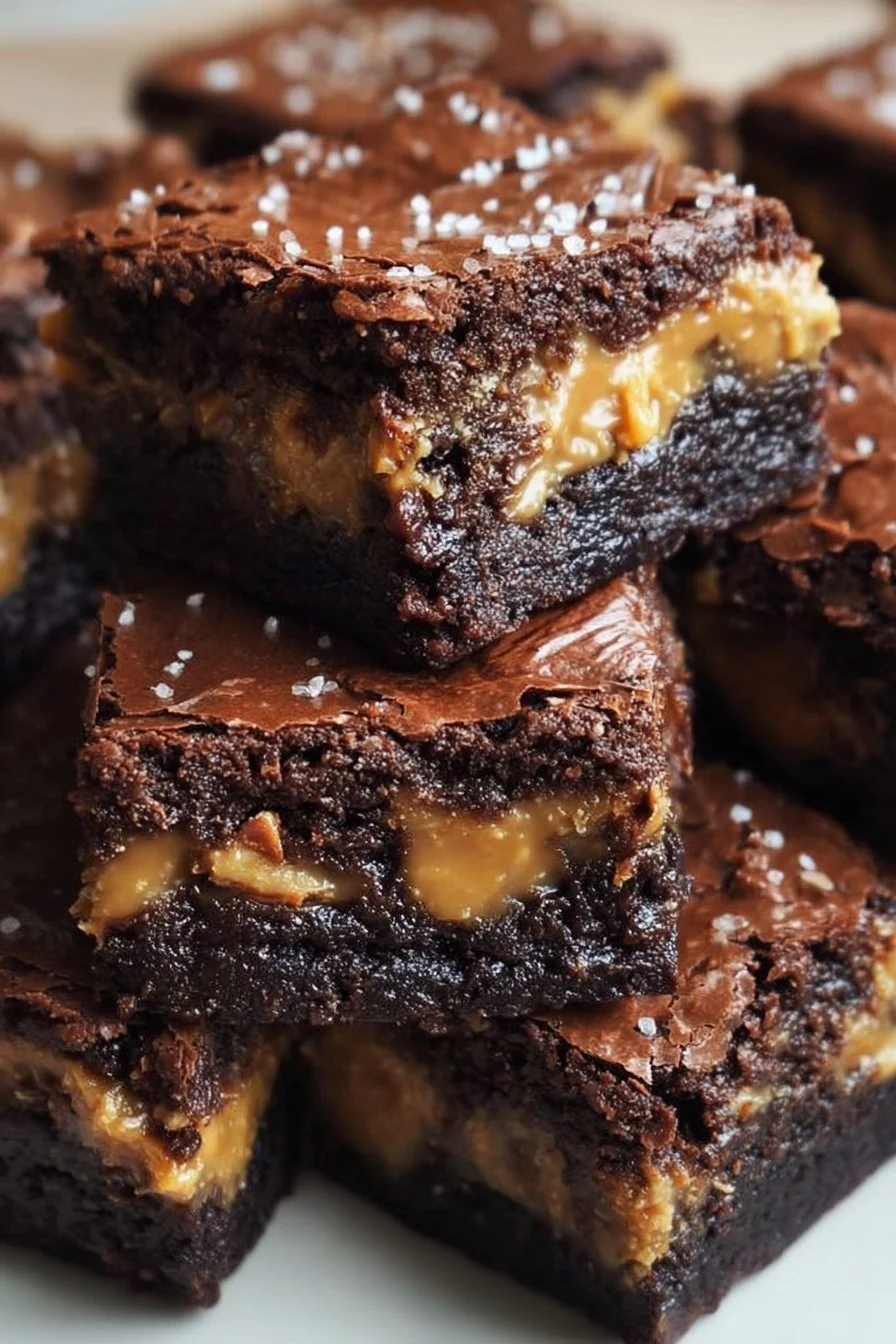 Delicious and decadent outrageous Snickers brownies topped with caramel and peanuts