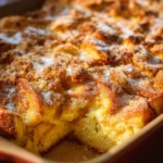 Delicious oven baked French toast casserole topped with syrup and berries.