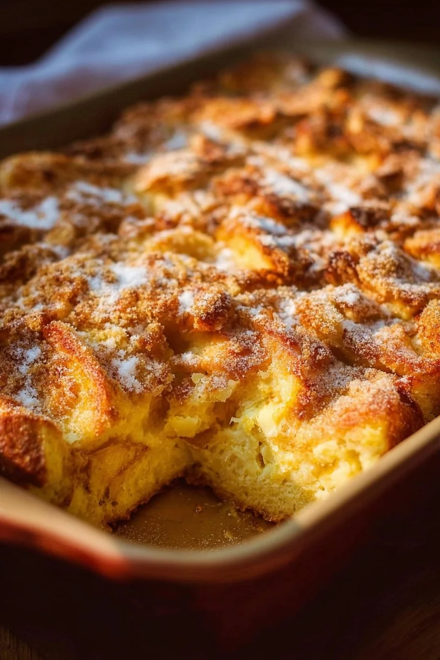Delicious oven baked French toast casserole topped with syrup and berries.