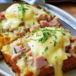 Delicious Overnight Eggs Benedict Casserole served with hollandaise sauce.