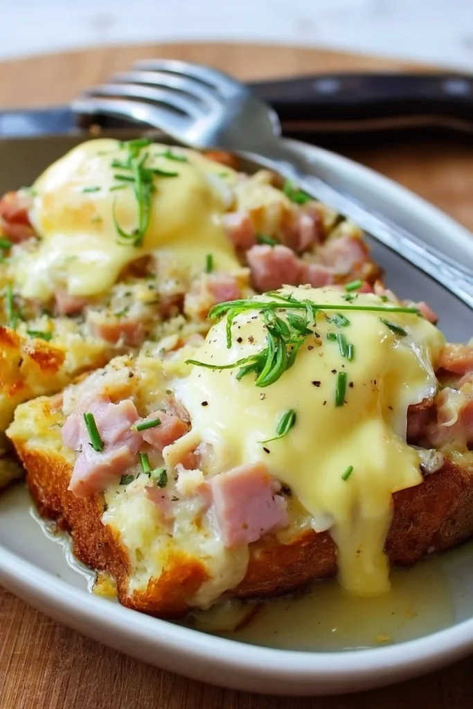 Delicious Overnight Eggs Benedict Casserole served with hollandaise sauce.