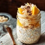 Delicious overnight oats in a jar with fruits and nuts for a healthy breakfast