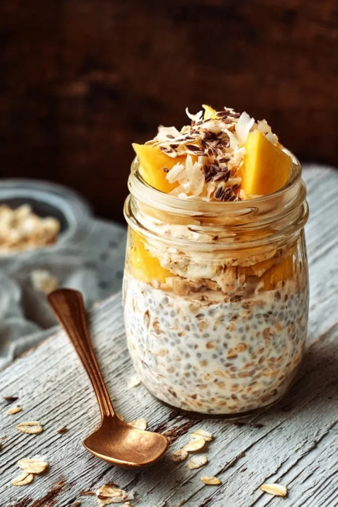 Delicious overnight oats in a jar with fruits and nuts for a healthy breakfast