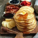 Beautifully arranged pancake perfection on a wooden serving board with various toppings