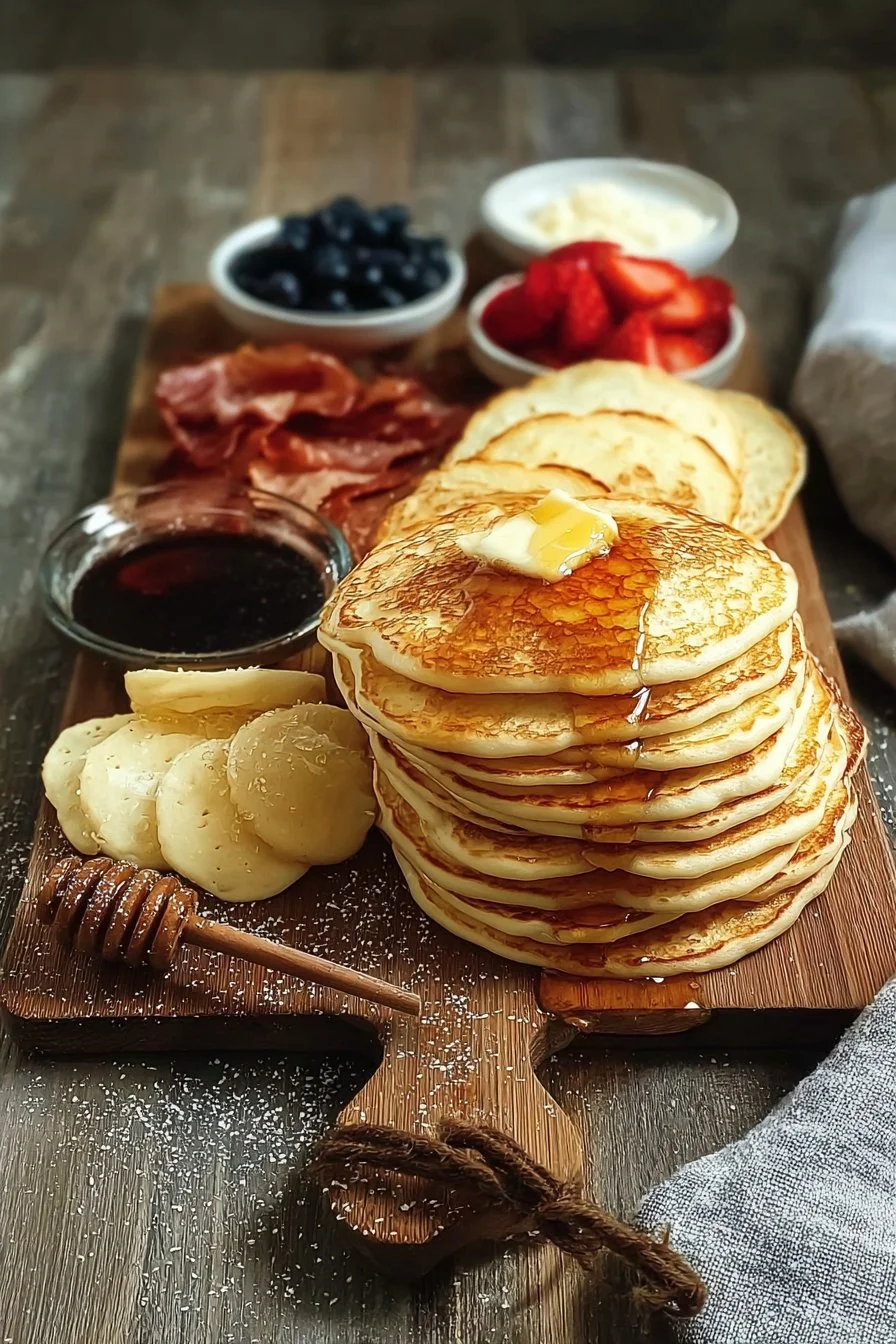 Beautifully arranged pancake perfection on a wooden serving board with various toppings