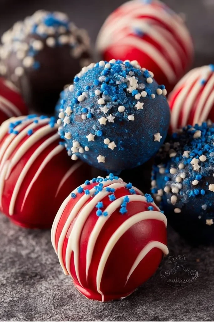A plate of colorful Patriotic Oreo Balls decorated with red, white, and blue.