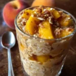 Bowl of Peach Cobbler Overnight Oats topped with fresh peaches and cinnamon