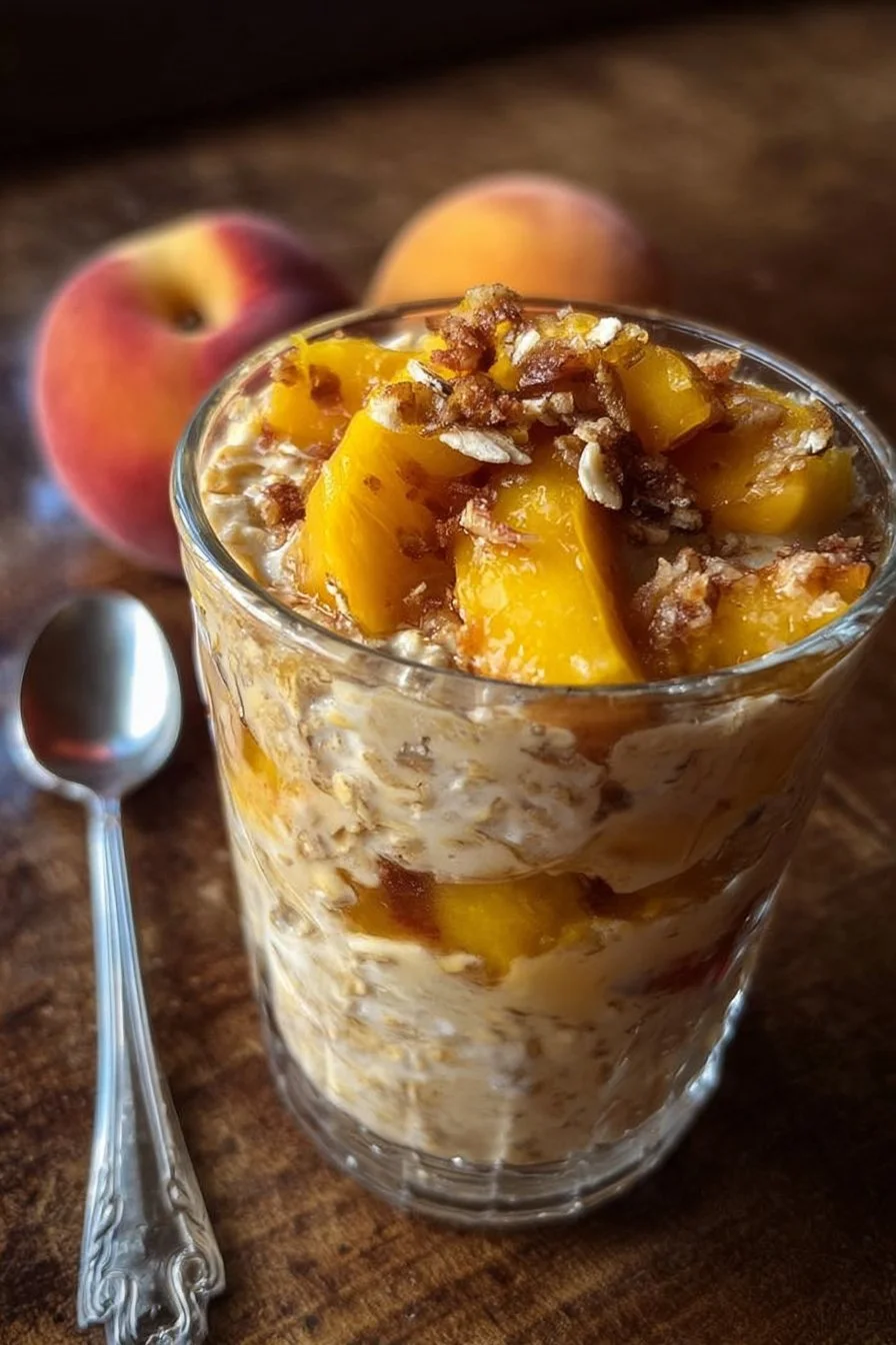 Bowl of Peach Cobbler Overnight Oats topped with fresh peaches and cinnamon