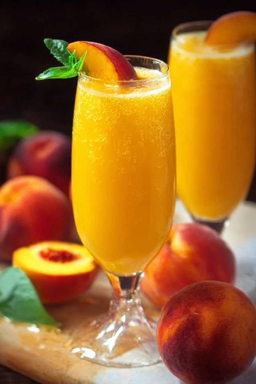 Refreshing Peach Mimosas served in glasses at a brunch table