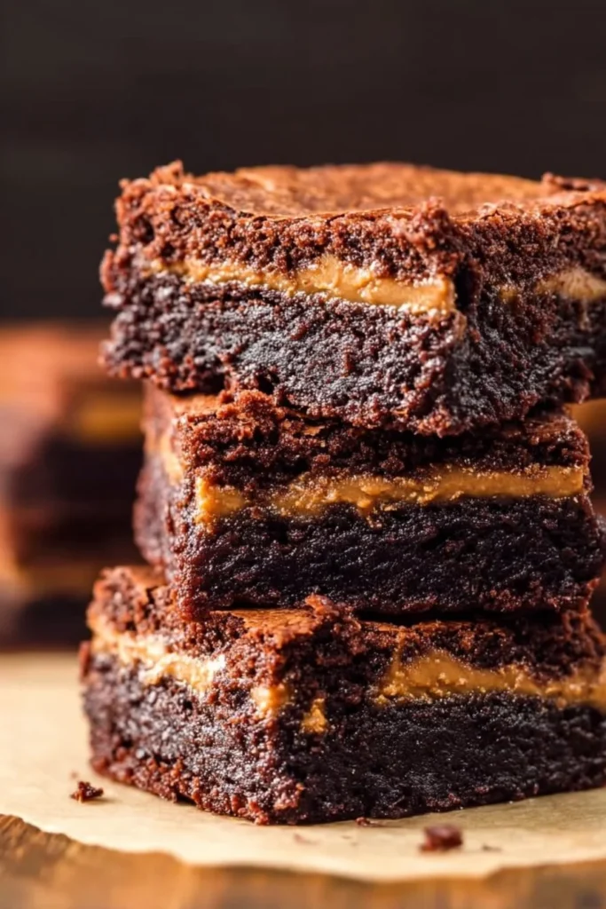 Delicious peanut butter stuffed brownies on a plate with chocolate drizzle.