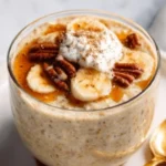 Delicious and healthy overnight oatmeal topped with fresh fruits and nuts.