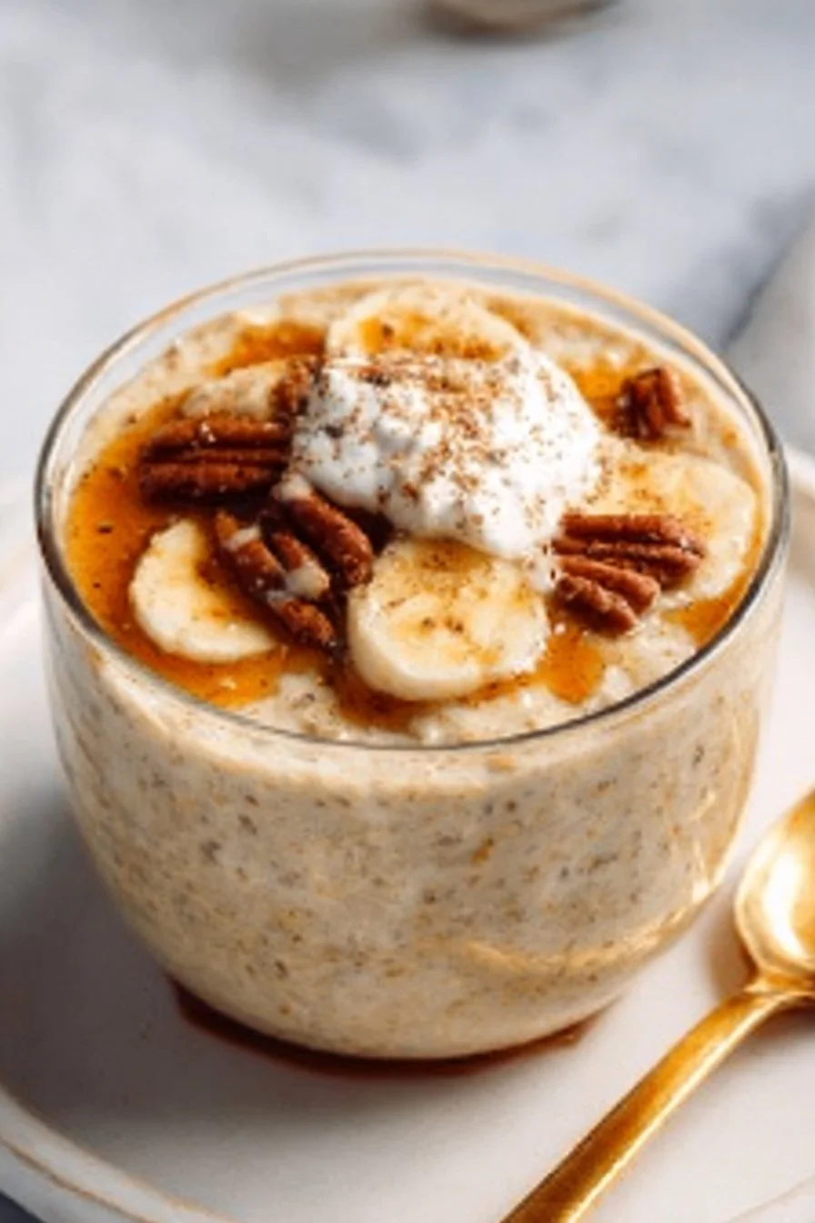 Delicious and healthy overnight oatmeal topped with fresh fruits and nuts.