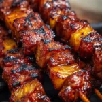 Pineapple BBQ pork skewers grilling on the barbecue