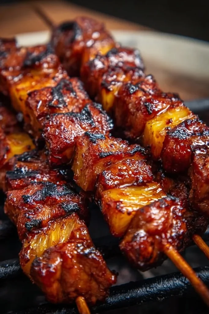 Pineapple BBQ pork skewers grilling on the barbecue