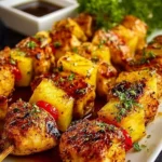 Juicy pineapple chicken kabobs grilled to perfection with vibrant vegetables.