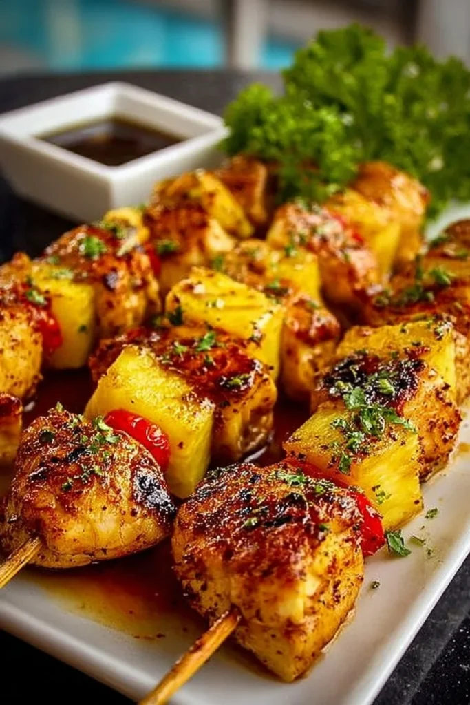 Juicy pineapple chicken kabobs grilled to perfection with vibrant vegetables.