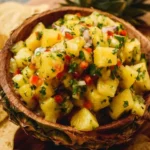 Freshly made Pineapple Salsa served in a bowl with tortilla chips