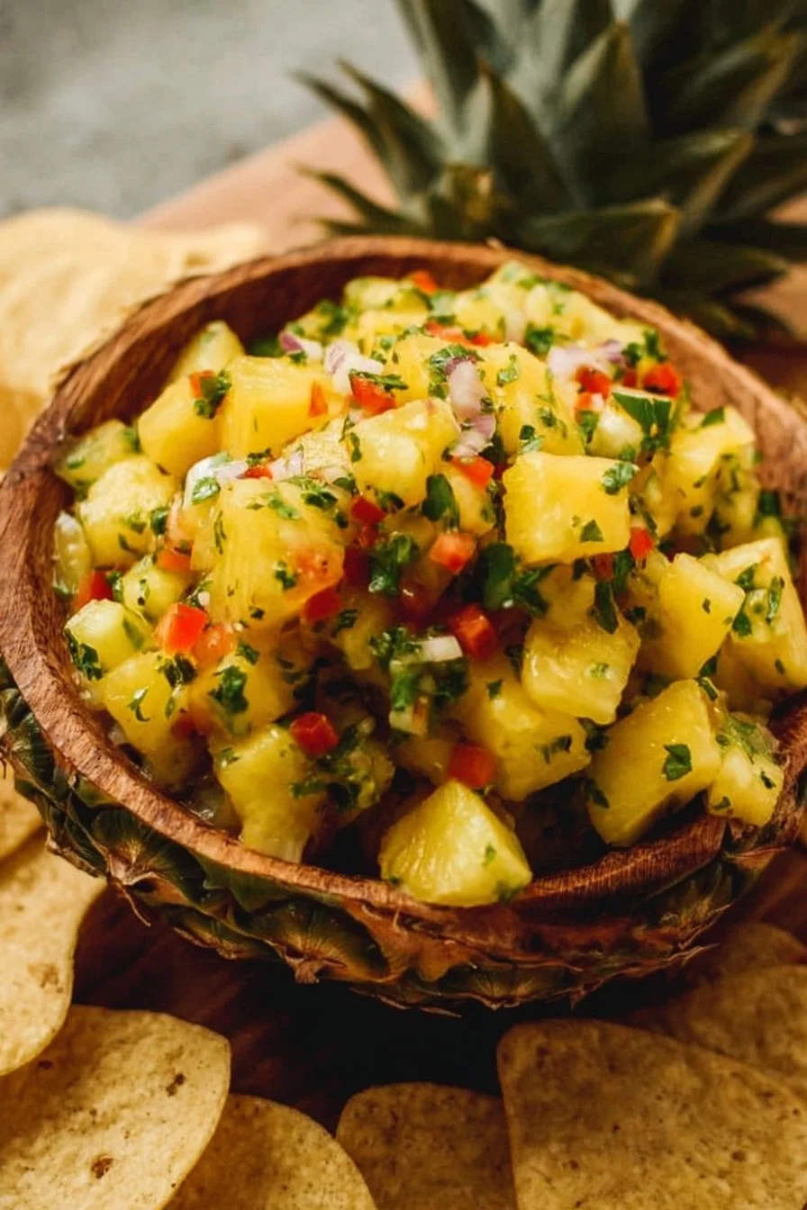 Freshly made Pineapple Salsa served in a bowl with tortilla chips