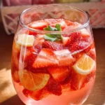 Pink Easter Strawberry Sangria with fresh strawberries and citrus fruits in a glass