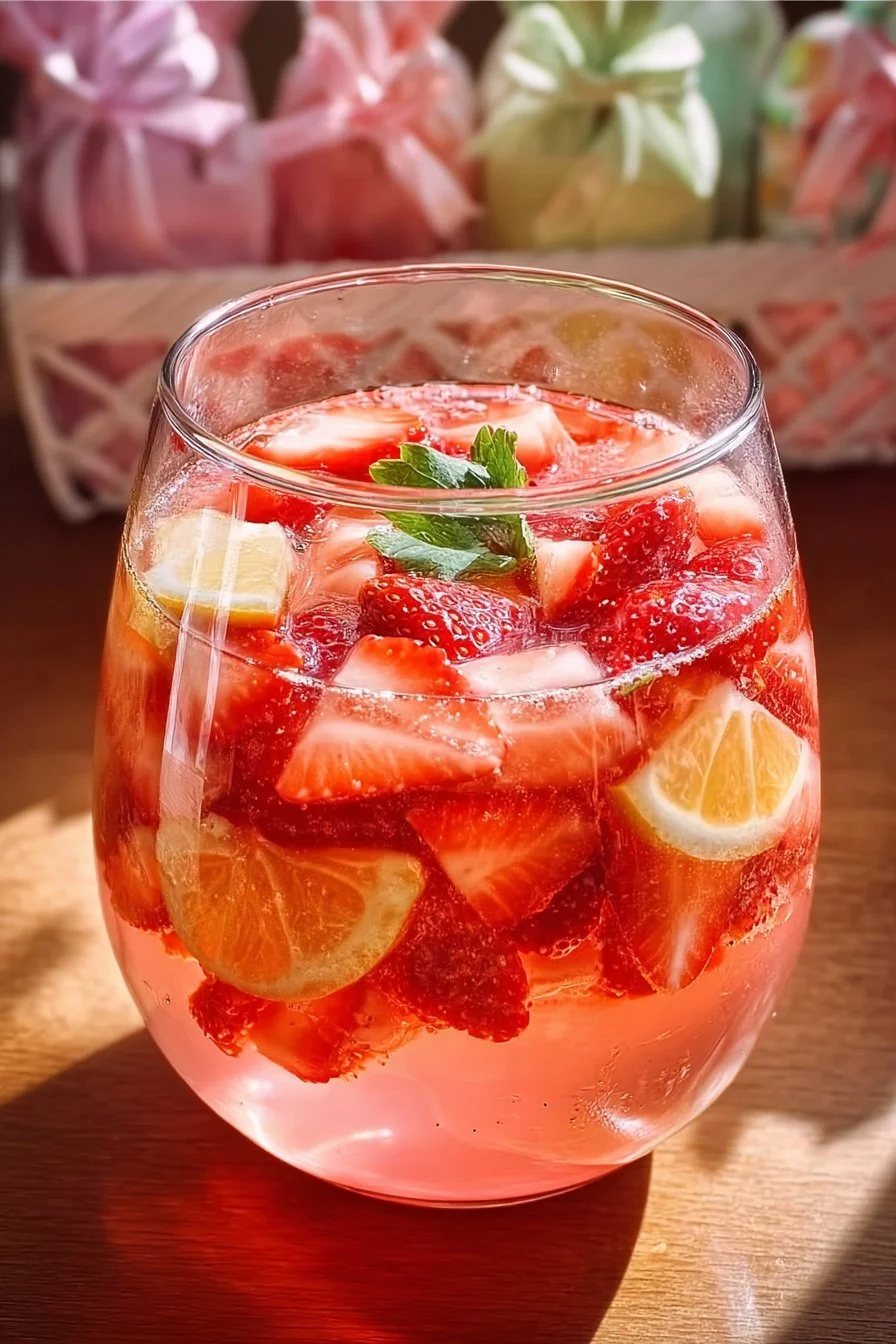 Pink Easter Strawberry Sangria with fresh strawberries and citrus fruits in a glass