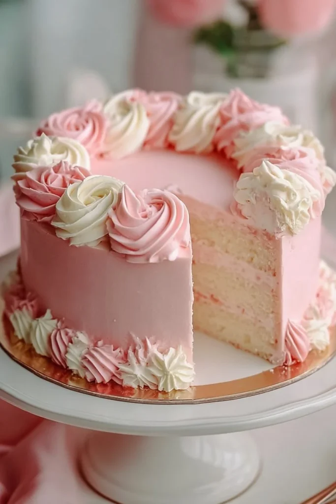 A beautifully decorated pink and white cake with floral accents, ideal for celebrations.