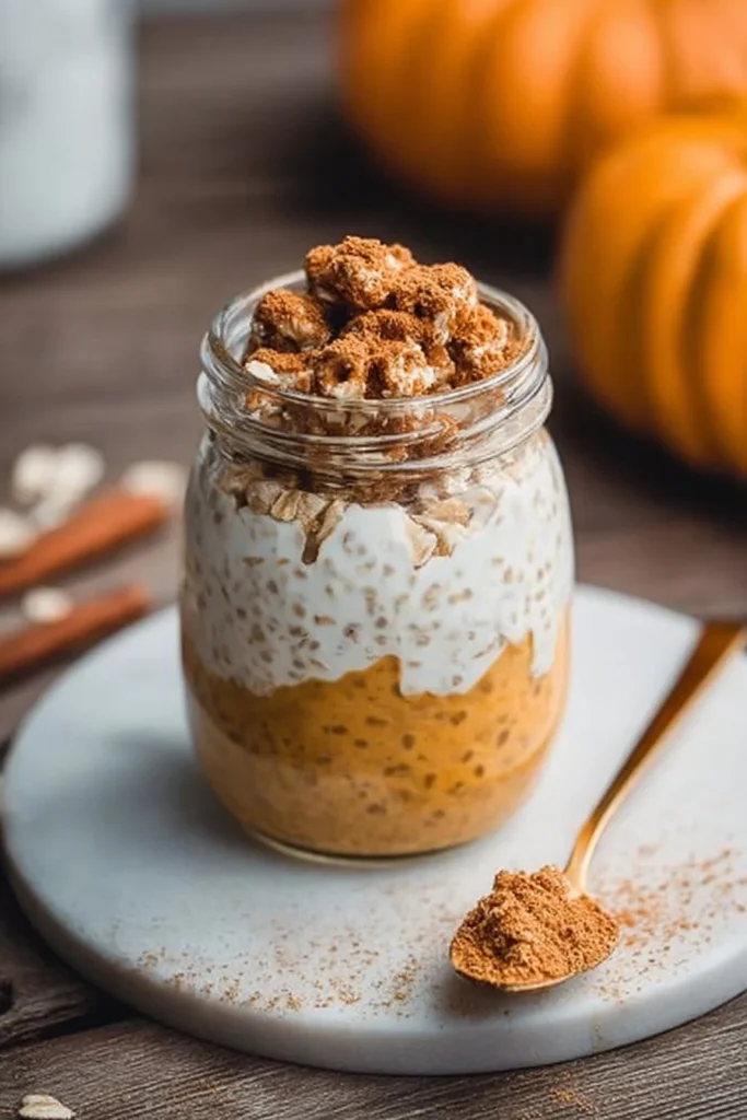 Delicious Pumpkin Cheesecake Overnight Oats topped with whipped cream and spices.
