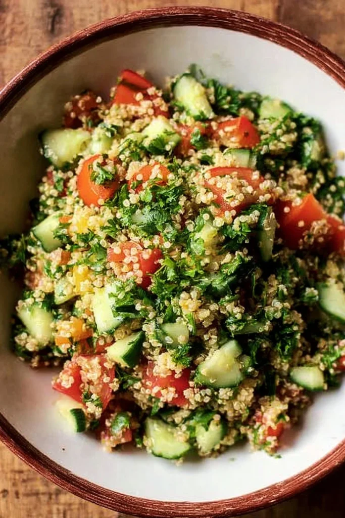 Fresh Quinoa Tabbouleh salad with parsley, tomatoes, and lemon