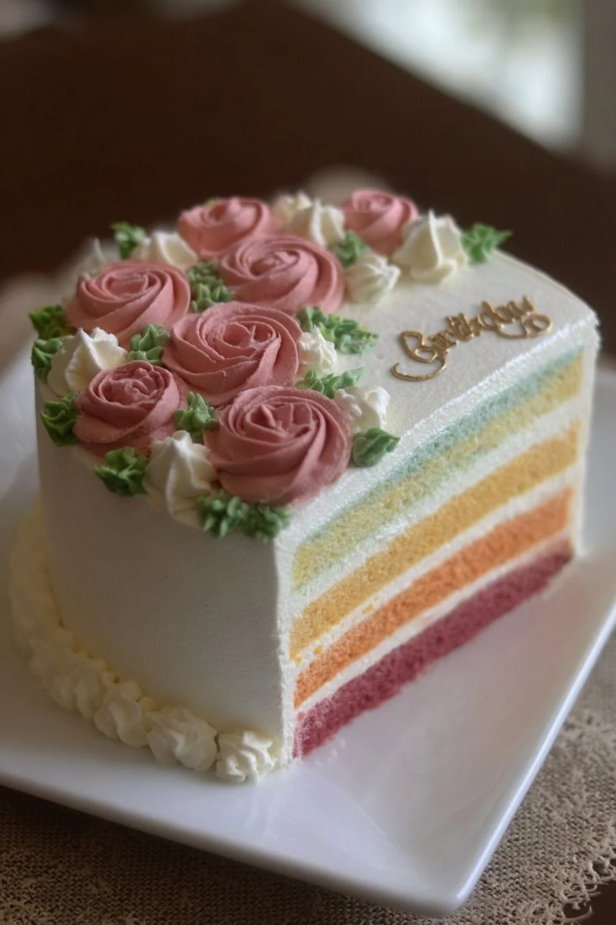 Colorful Rainbow Birthday Cake with layers of vibrant frosting