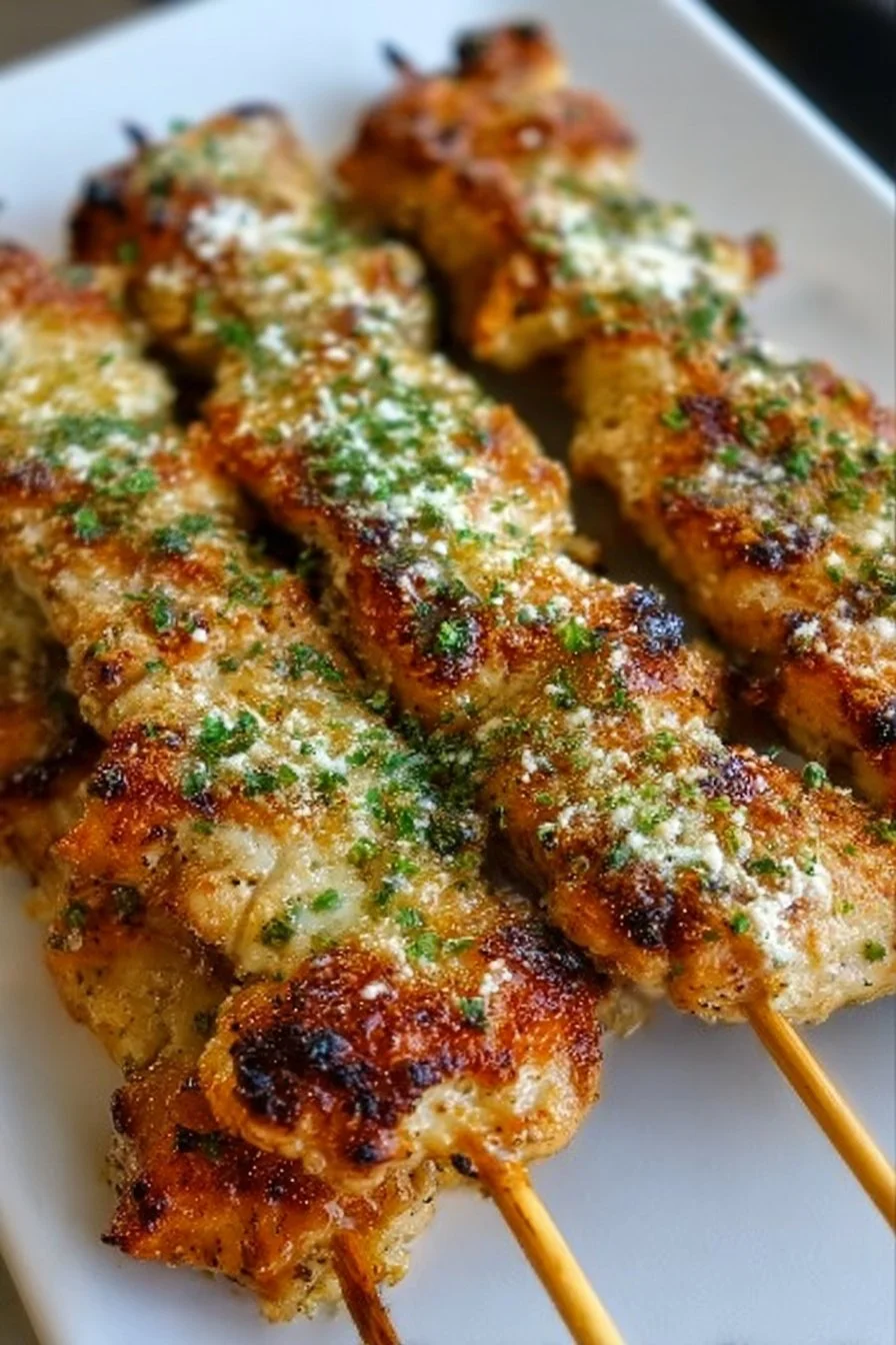 Delicious Garlic Parmesan Chicken Skewers ready for grilling.