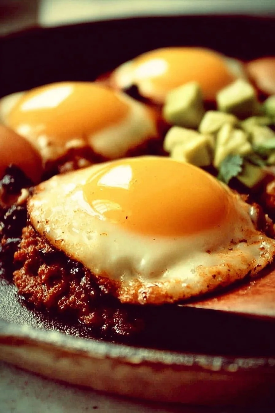 Delicious Ranch Style Eggs served on a plate with fresh herbs