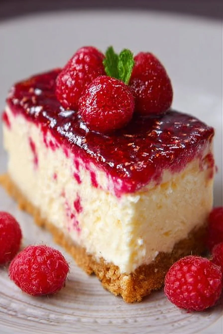 Delicious raspberry cheesecake topped with fresh raspberries and cream.