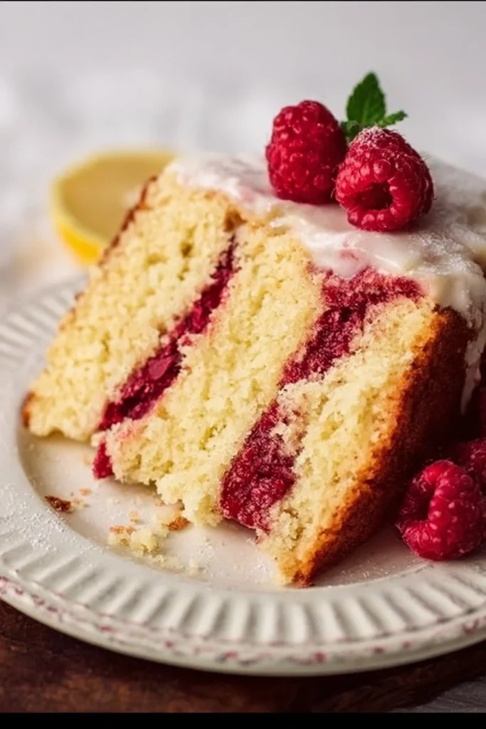 A slice of vibrant raspberry lemon cake showcasing fresh raspberries and lemon zest.