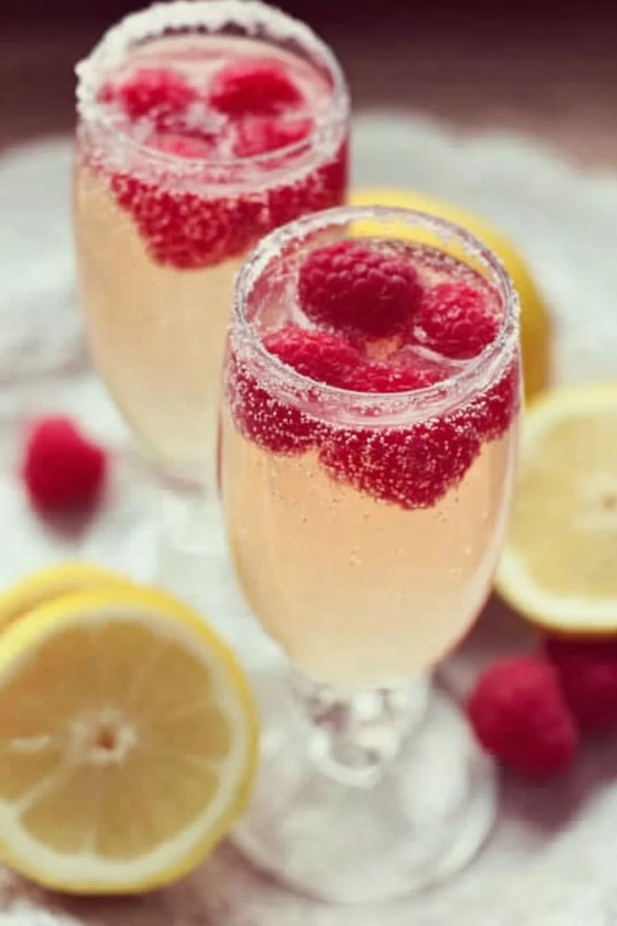 A refreshing glass of Raspberry Limoncello Prosecco garnished with raspberries