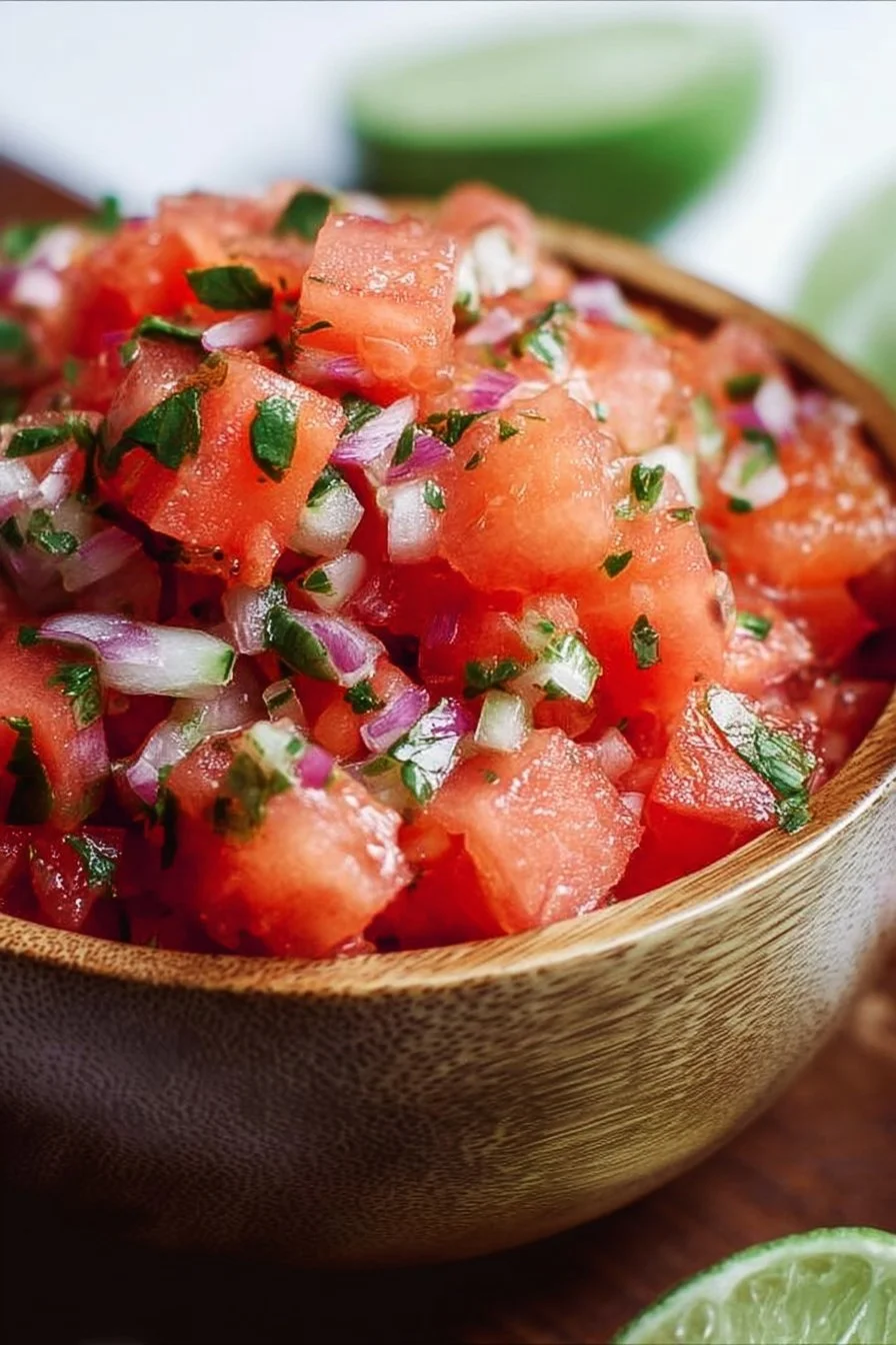 Bowl of refreshing watermelon salsa made with fresh ingredients